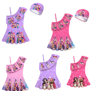 Kpop猎魔女团儿童泳衣女童防晒泳装女孩童装鲁米Rumi吊带泳衣泳帽