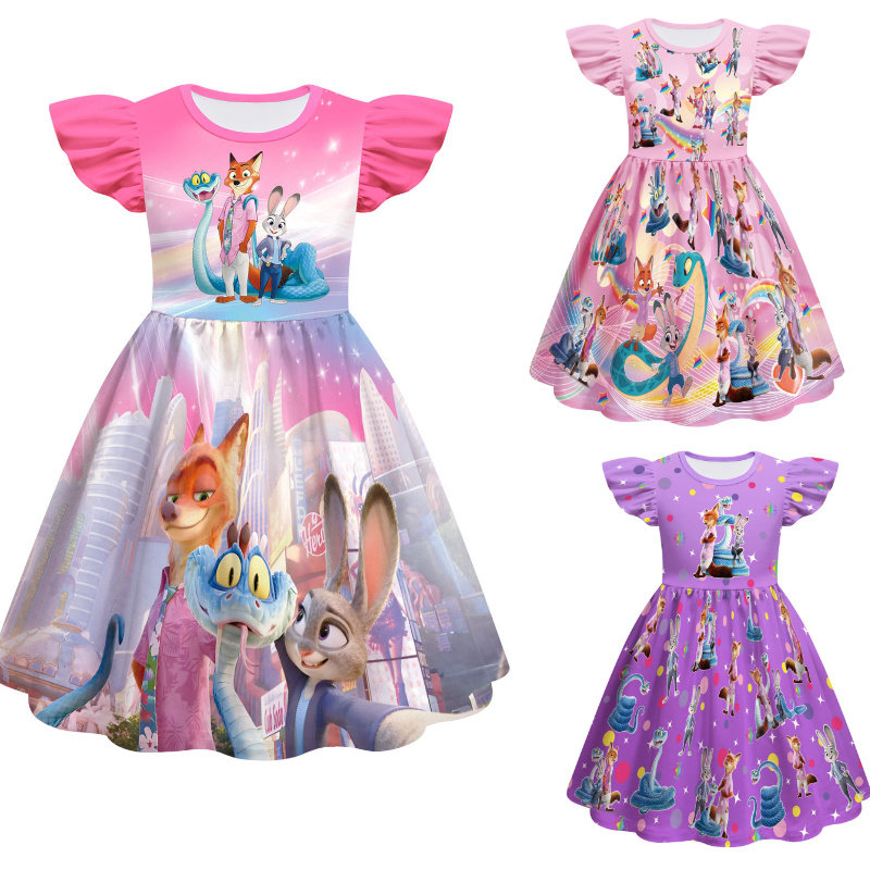 夏季新款时尚飞飞袖Zootopia 疯狂动物城2连衣裙儿童表演服公主裙