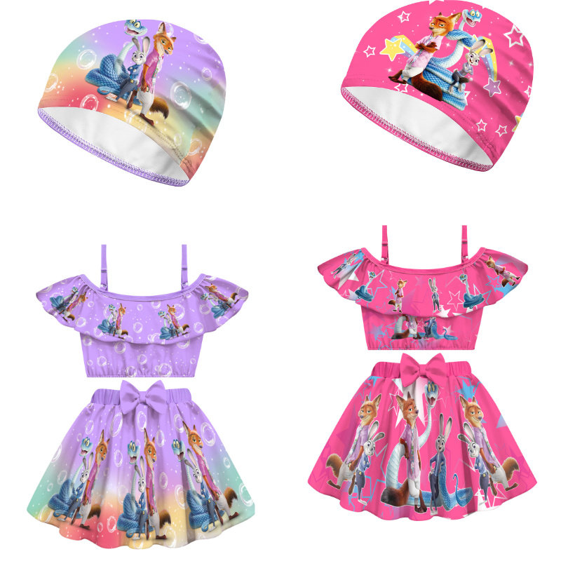 新款吊带泳衣Zootopia 疯狂动物城2 女童一字肩泳装泳帽套装