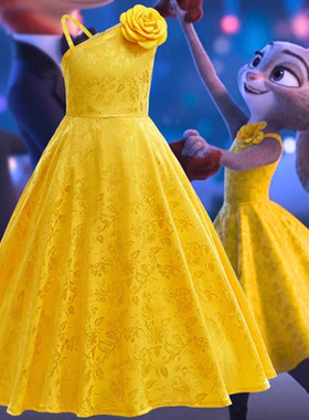 疯狂动物城2Zootopia 朱迪兔子玫瑰花连衣裙女童斜肩吊带长裙礼服