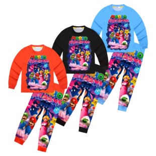 超级马里奥Super Mario 儿童长袖t恤长裤套装男女春秋睡衣家居服