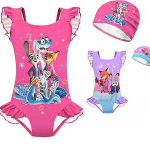 2女童连体花边度假泳衣泳帽 儿童泳衣疯狂动物城Zootopia 夏季 新款