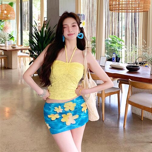 分体三件套泳衣女度假海岛挂脖