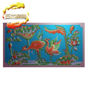 新款墓碑碑板5-035 荷花仙鹤石碑雕刻图边板栏板精雕图灰度浮雕图