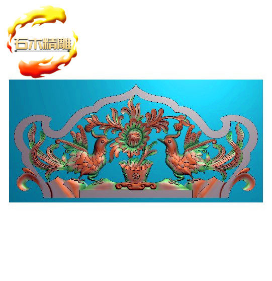 新款墓碑帽子044 精雕图灰度浮雕图 双凤顶子牡丹碑头石碑雕刻图