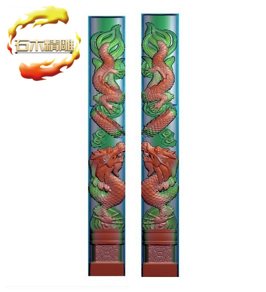 新款墓碑柱子024 精雕图灰度浮雕图 双龙石碑立柱柱子石材雕刻图