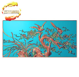 新款墓碑石材8-016 梅花鸟 兰花栏板精雕图灰度浮雕图石材雕刻图