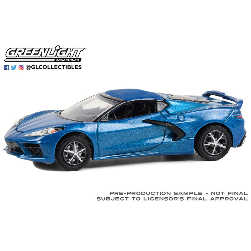 绿光 1:64 2020 雪佛兰科尔维特c8 黄貂鱼快速蓝色与黑色 37290e
