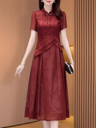 红色连衣裙子夏季新中式国风女装高端气质改良旗袍年轻款妈妈礼服