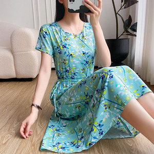 2026新款高端碎花棉绸连衣裙女夏季外穿圆领显瘦人造棉绵绸大摆裙