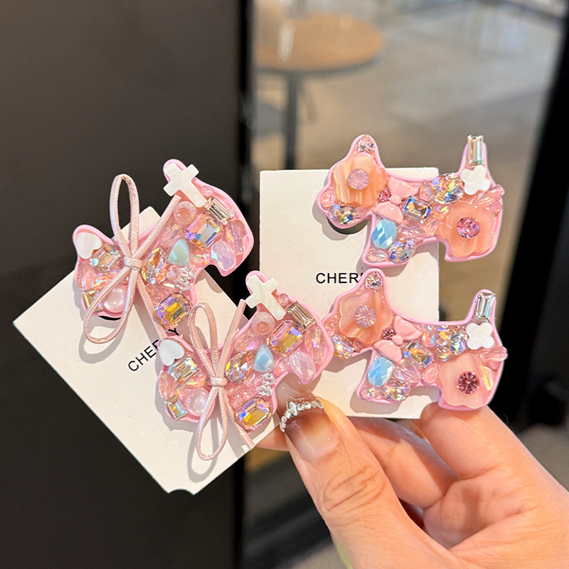 韩国新款粉色甜美小狗发夹满钻重工发卡高级感侧边夹精致鸭嘴夹女