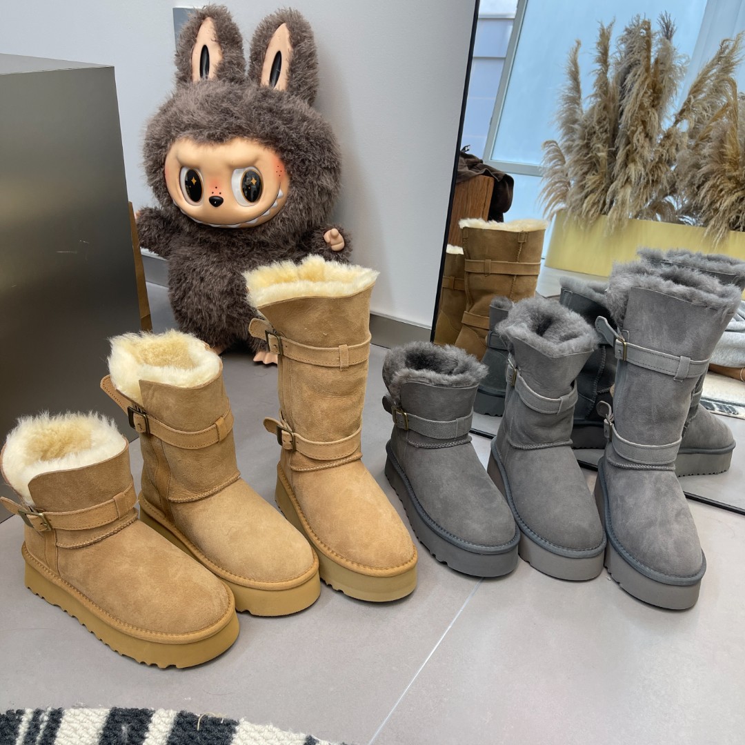 皮毛一体雪地靴女2025冬季新款时尚骑士靴卡扣两穿厚底保暖中筒靴