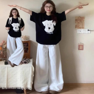 长裤 学生减龄设计感毛绒小狗短袖 两件套 女夏季 慵懒风休闲运动套装