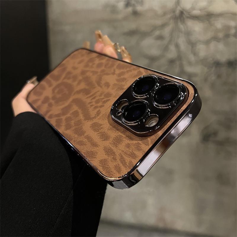 ins美拉德辣妹豹纹适用苹果16ProMax手机壳iphone15promax新女款14全包13皮质12防指纹11带镜头膜Plus防摔套
