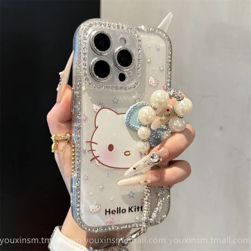 高颜值镶钻蝴蝶结KT猫适用iPhone16promax苹果15手机壳14pro新款17网红12高级13爆款2025女款ProMax防摔套Pro