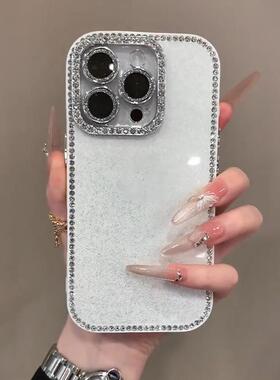 边框镶钻闪粉白色适用苹果16手机壳iPhone15promax新款2025网红16pro超好看全包带镜头膜13高级感14p防摔外壳