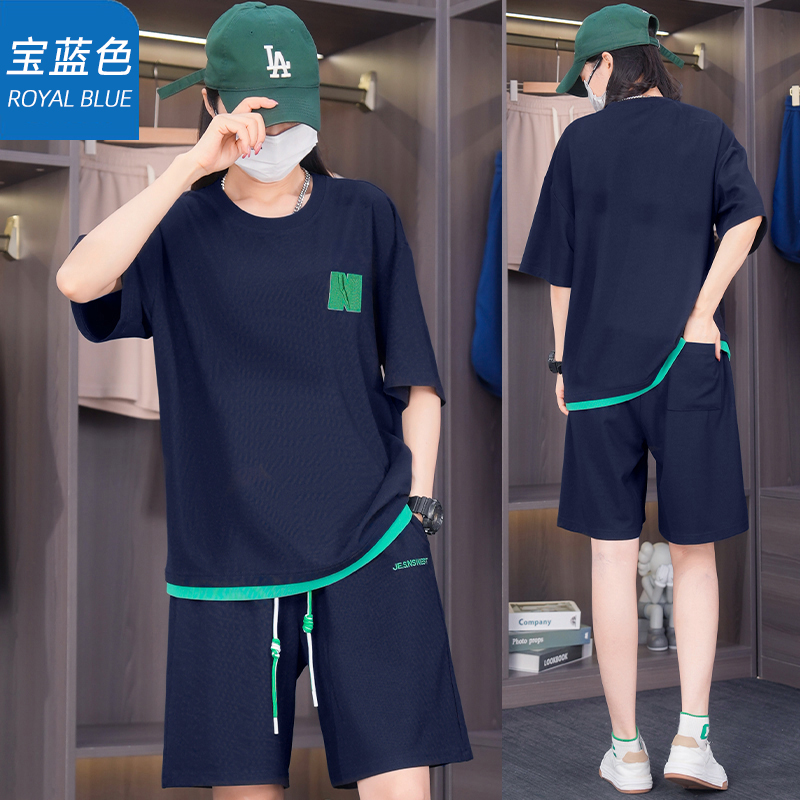 夏季男士短袖t恤套装圆领休闲两件套宽松透气短袖短裤运动服男装