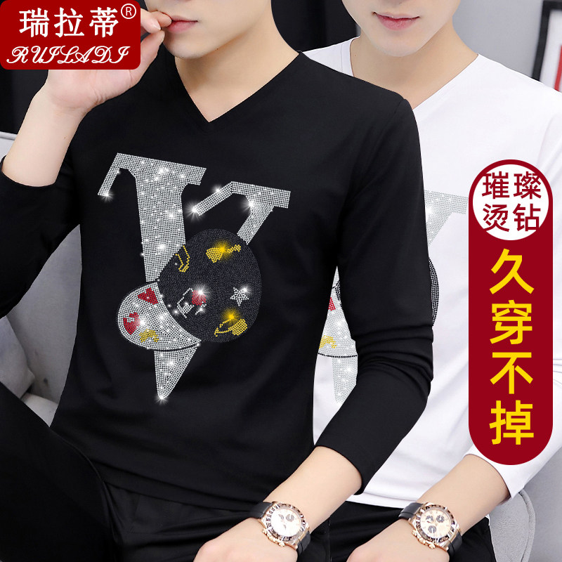 男士秋装烫钻t恤男长袖纯棉v领修身韩版百搭时尚潮春秋季上衣体恤