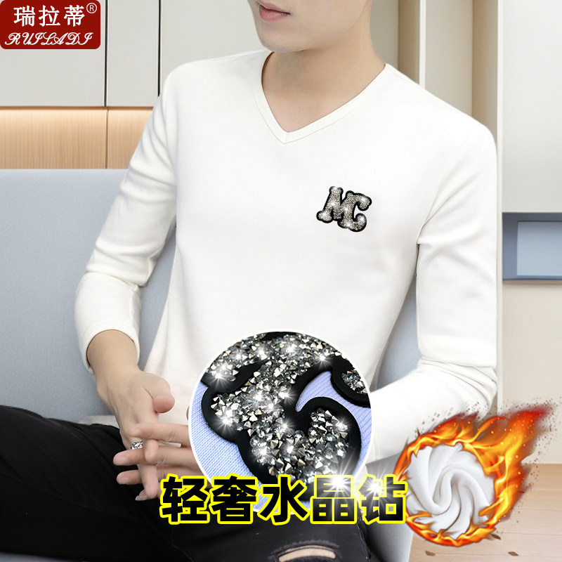 冬季加绒保暖长袖t恤男修身v领青年内搭水晶钻字母德绒自发热上衣