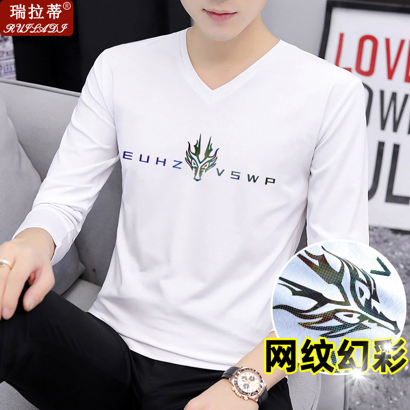 初秋新款t恤男长袖纯棉v领体恤衫潮流网纹幻彩青年春秋季修身打底