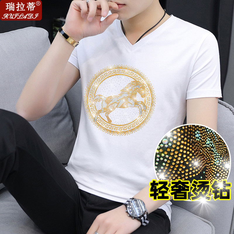 2026马年国潮轻奢烫钻短袖t恤男夏季纯棉v领修身上衣青年体恤衫潮