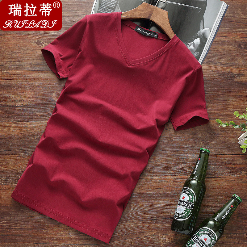 纯棉新款t恤男生短袖2026夏季男士v领纯色上衣服青年修身打底衫潮