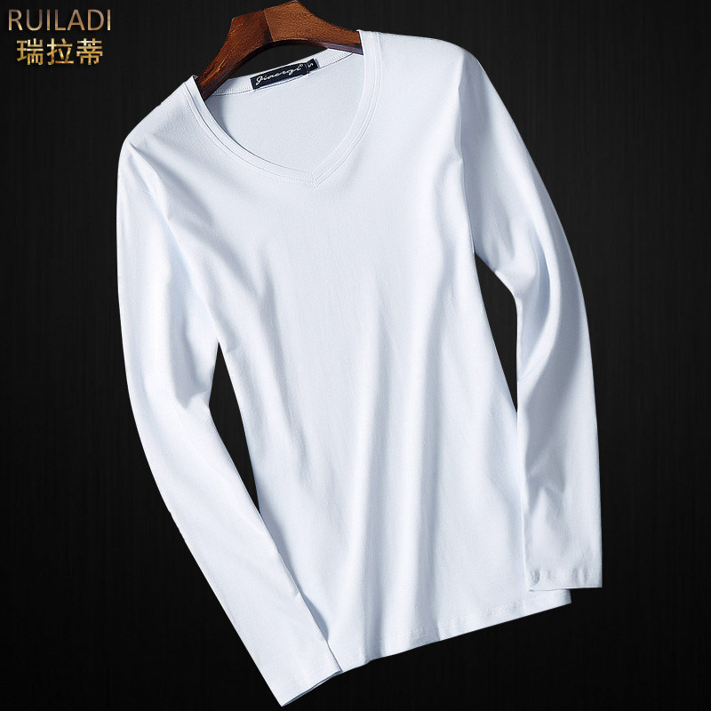 2件】纯色长袖t恤男长袖男t恤修身打底衫衣服男士长袖t恤纯棉v领