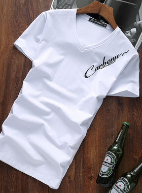 3件】夏季白色短袖T恤男v领纯棉修身韩版潮流半袖男士体恤上衣服