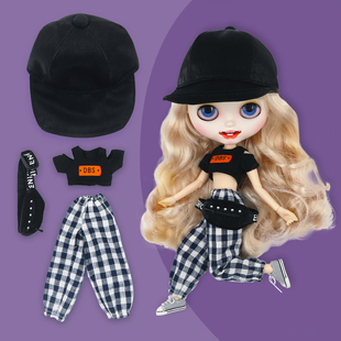 露腰棒球帽套装 小布娃娃衣服格仔宽松长款 19关节OB24娃衣 DBS ICY