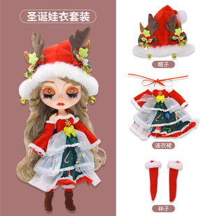 ICY 19关节ob24娃衣 DBS小布娃娃衣服圣诞节蓬松连衣裙鹿角帽套装