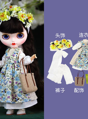 ICY DBS小布娃娃衣服清新碎花诗蓝连衣裙套装19关节体ob24娃衣