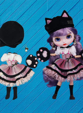 ICY DBS小布娃娃衣服粉色猫咪格仔蓬蓬裙套装裙19关节体ob24娃衣