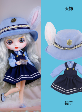 ICY DBS小布娃娃衣服蓝色兔子警察帽子连衣裙套装19关节OB24娃衣