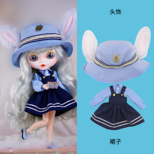 ICY 19关节OB24娃衣 DBS小布娃娃衣服蓝色兔子警察帽子连衣裙套装
