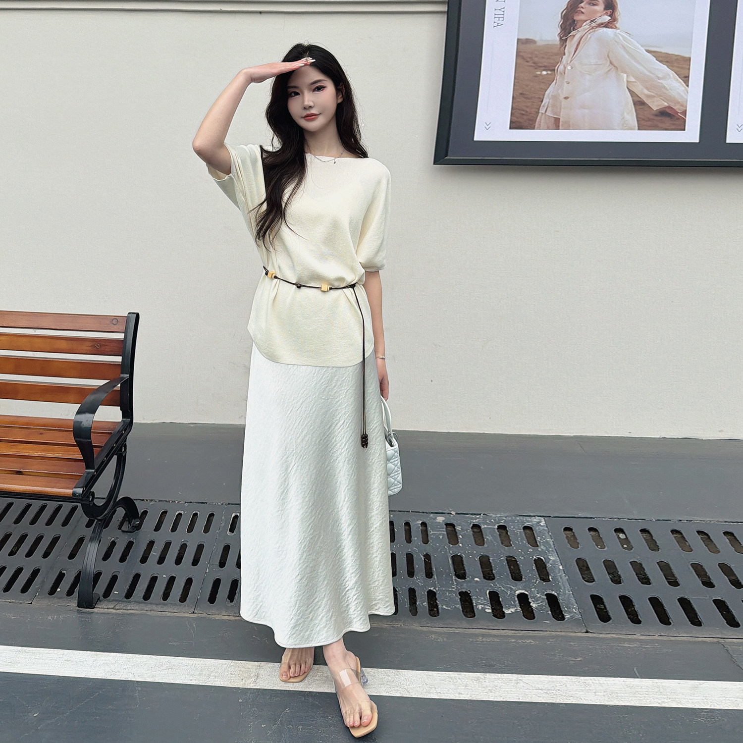 法式两件套装连衣裙女2026夏季款蝙蝠袖冰丝针织衫T恤+A字半身裙