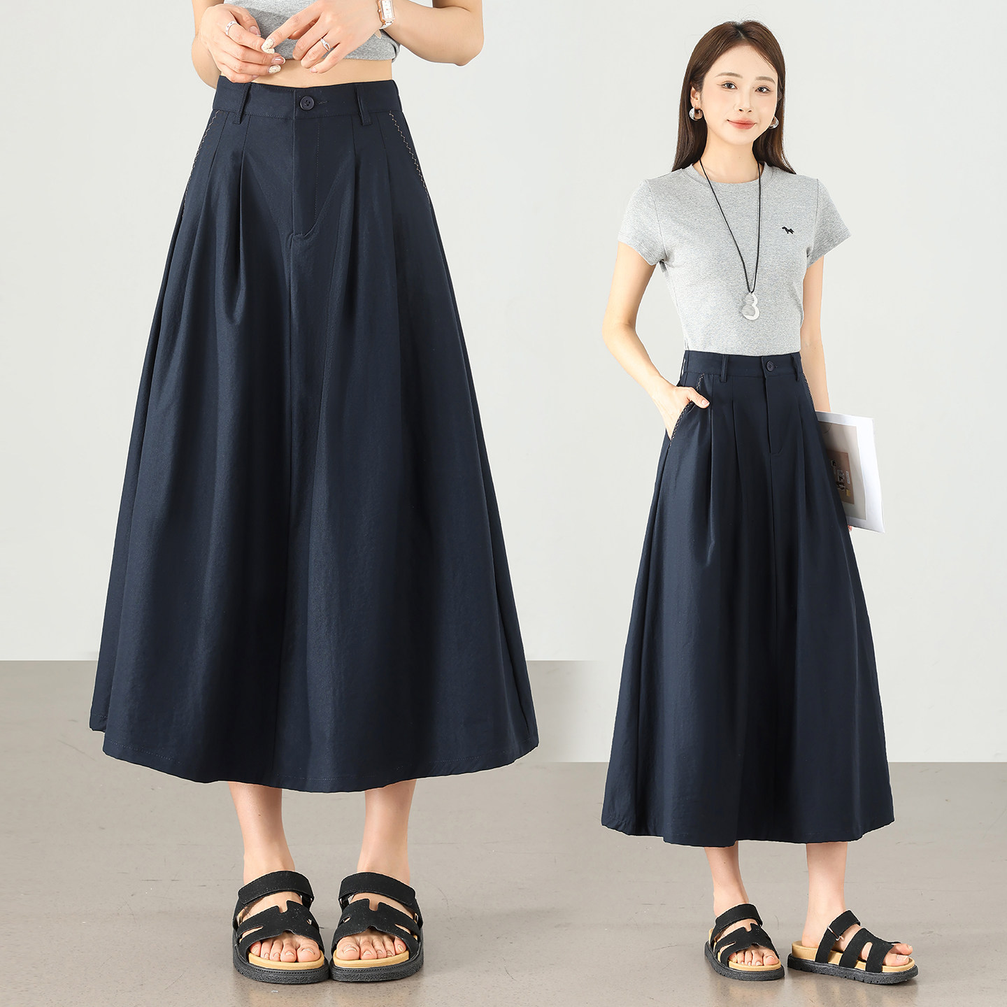 文艺范休闲半身裙女2026年夏季新款韩式松紧腰百搭显瘦A字中长裙