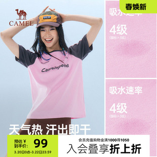 骆驼女款短袖T恤女夏季2026新款美式复古速干运动印花半袖上衣女