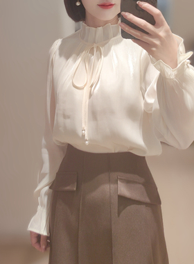 velwin蔚雯系带立领木耳边衬衫女秋季2024新款设计感衬衣别致上衣