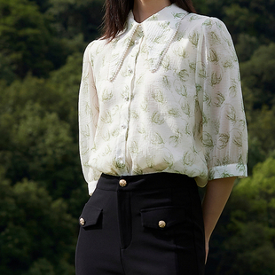 idole奕多秋季新款五分袖印花衬衫女通勤轻奢衬衣设计感气质上衣