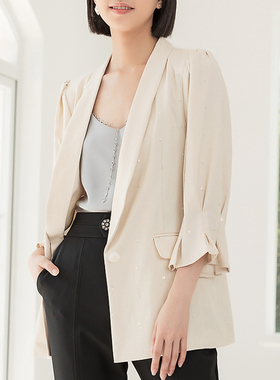 velwin蔚雯春夏新款米色亮片西装外套女通勤百搭时尚显瘦气质上衣