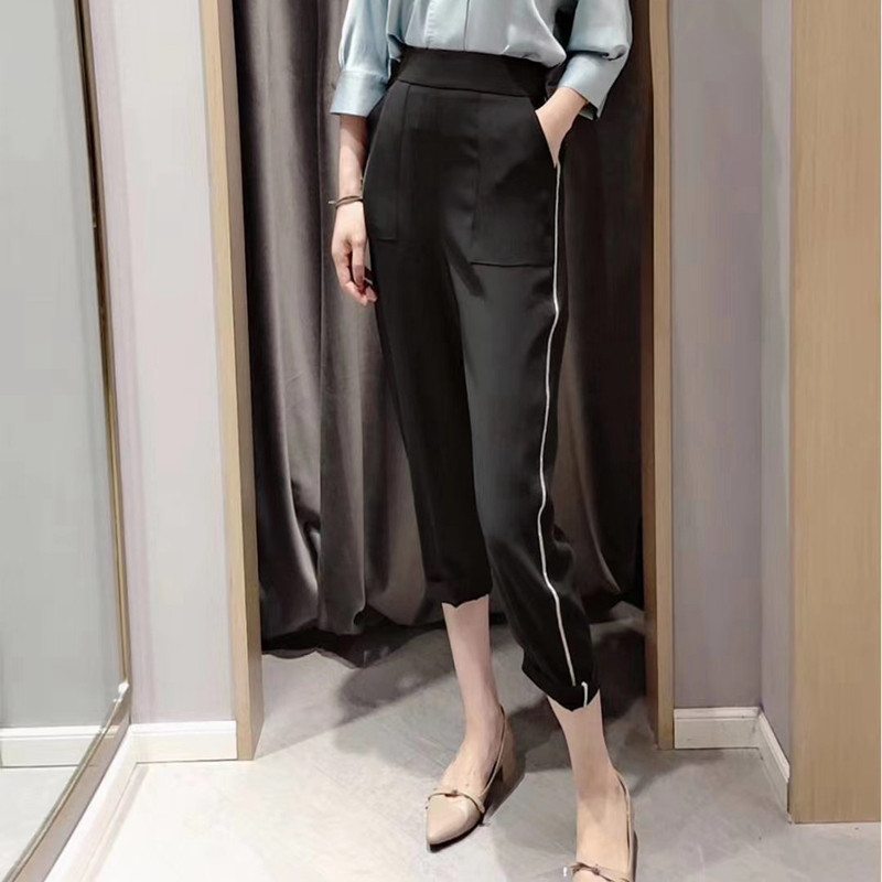 velwin蔚雯黑色高腰哈伦裤女夏薄款小个子九分裤显瘦休闲小脚裤子