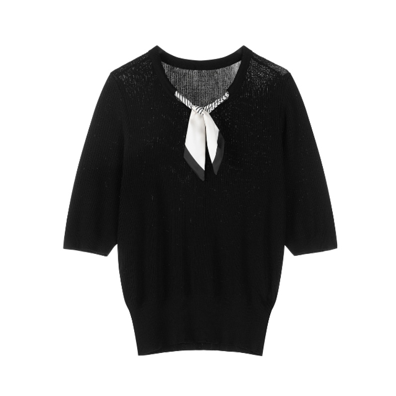 idole奕多v领套头短袖丝巾针织衫