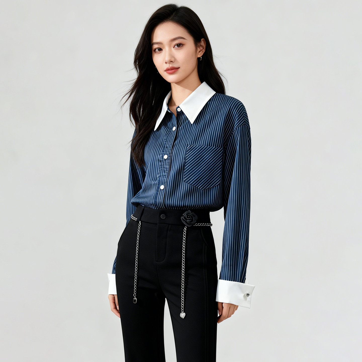 velwin蔚雯2026春季新款设计感条纹长袖衬衫女高级感衬衣气质上衣