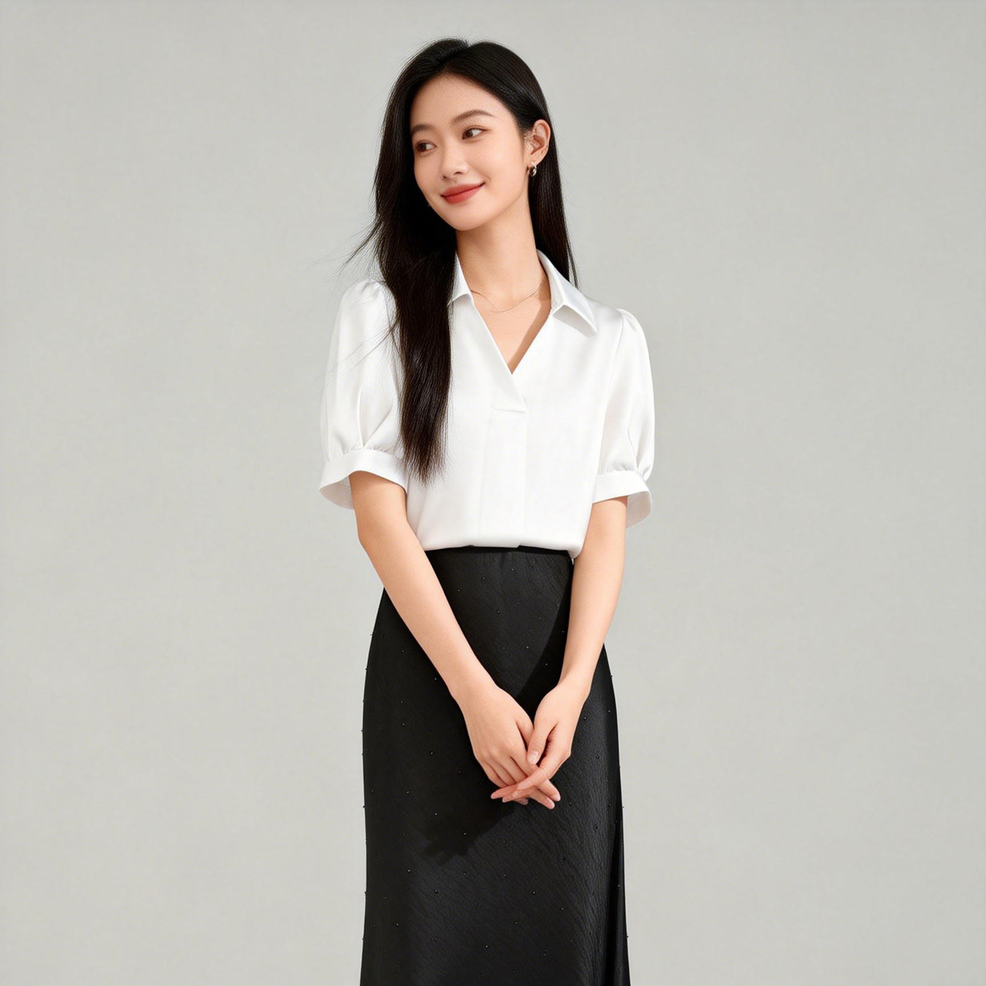 velwin蔚雯2025新款法式轻熟风缎面短袖衬衫女夏通勤百搭气质上衣