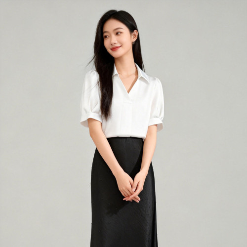 法式轻熟风缎面短袖衬衫女