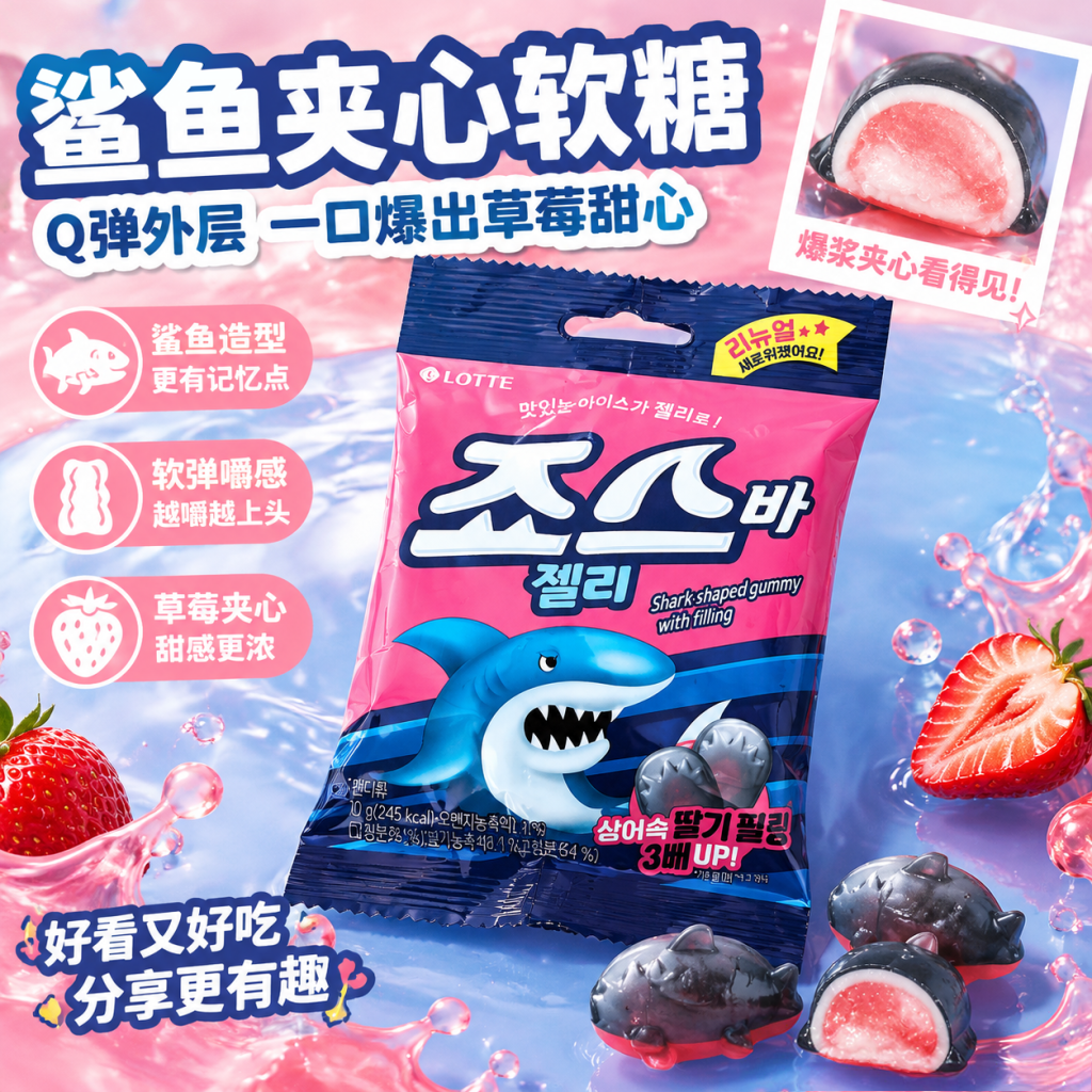 韩国进口乐天JELLYCIOUS鲨鱼造型软糖葡萄味酸甜Q弹网红休闲零食
