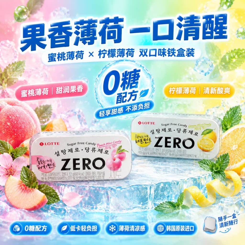 韩国进口LOTTE乐天zero桃子柠檬薄荷味糖果清口薄荷糖铁盒装0蔗糖