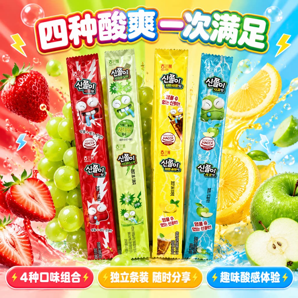韩国进口零食海太草莓苹果软糖24g长舌头网红长条果汁橡皮糖果