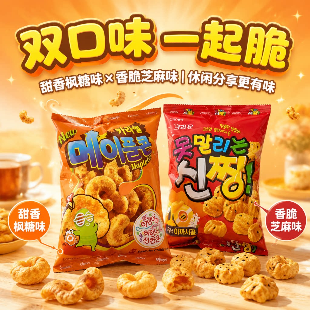 韩国进口克丽安裹糖浆玉米脆蜡笔小新芝麻脆膨化休闲追剧零食