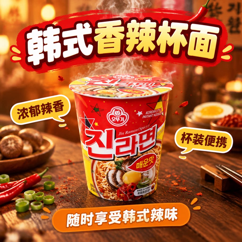 韩国进口不倒翁辣味杯面65g韩式速食泡面夜宵冲泡即食杯面方便面